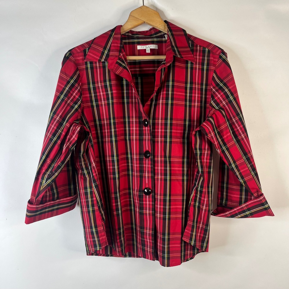Foxcroft Button Down Shirt Womens 16P Red Plaid Wrinkle Free 3/4 Sleeve Shaped